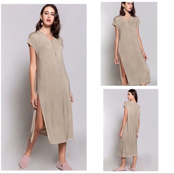BEIGE Y Neck Maxi Dress Tunic with Side Slit - Picture 1 of 9